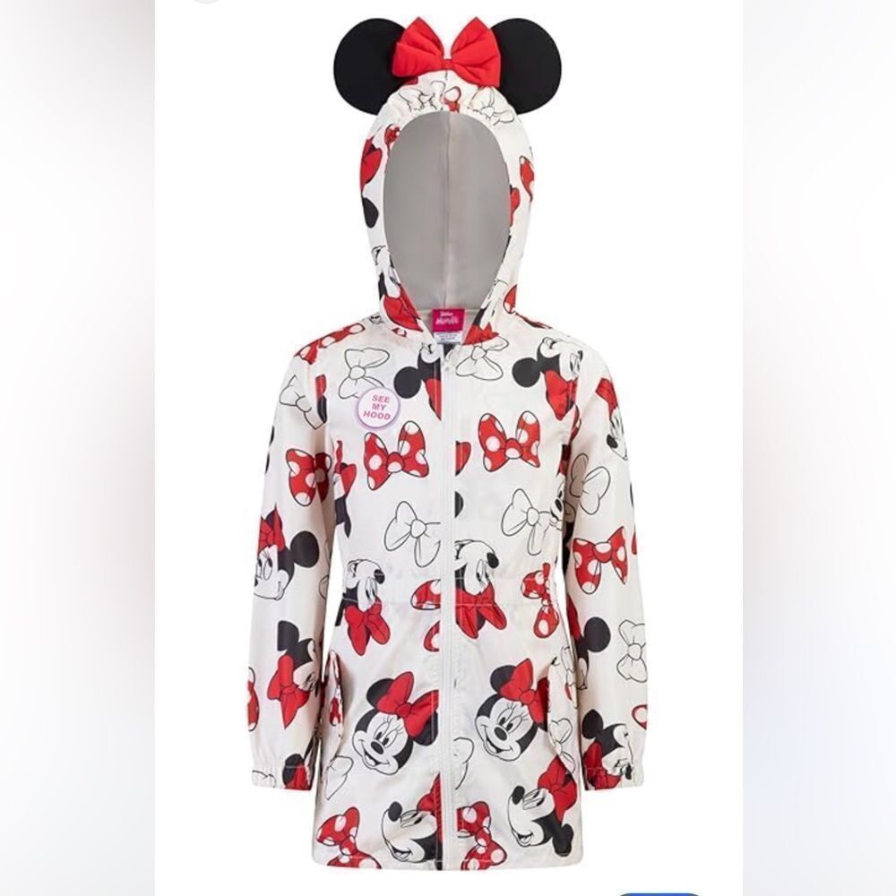 Disney Minnie Mouse Red and White Jacket Windbreaker White Red Black Hood Bow